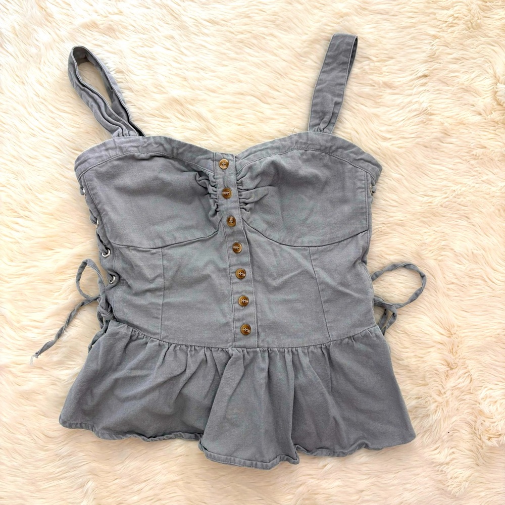 Easel Corset Bustier  Gray Blue Lace Up Button Front Top Womens Small